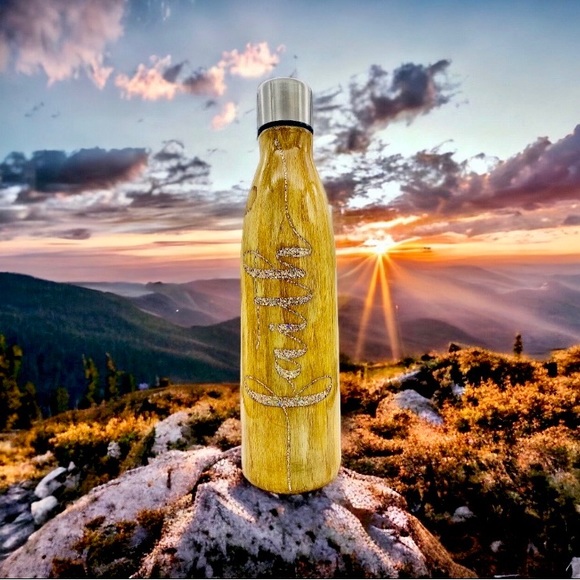 Faith 17oz water bottle, hand painted wood grain, gold & gemstone glitter inlays - Picture 6 of 12